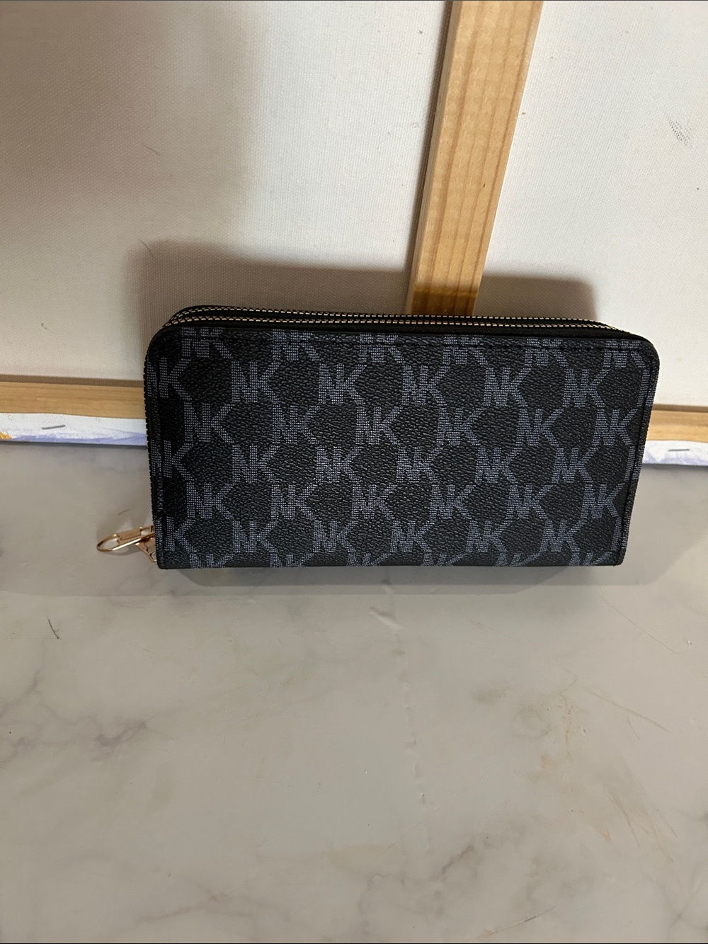 MK-Inspired Black Signature Zip-Around Wallet